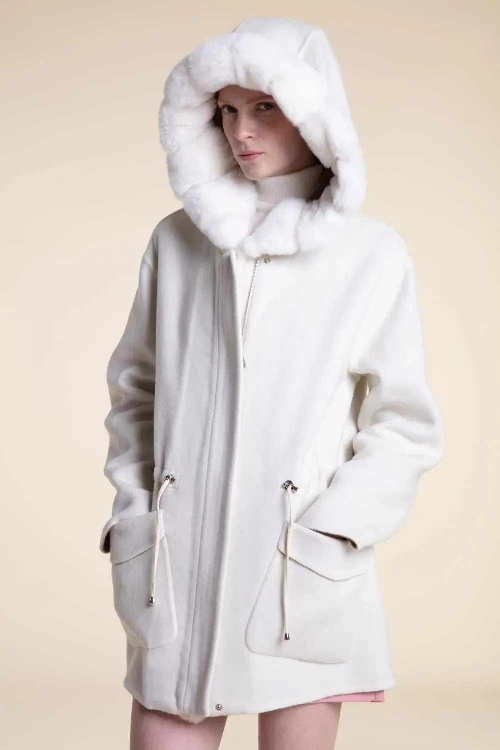 White winter coat with fur hood