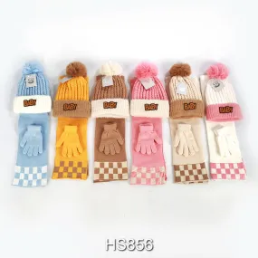 Wholesale Kids Boys Girls 3 Pieces Set Winter Knit Hats Beanie Scarf Gloves With Pom HS856