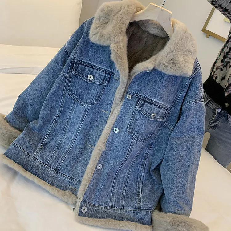 Winter Fleece Denim Jacket Women Thicken Warm Casual Plush Coats