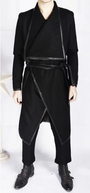 Winter Original High-end Leather Trim Dark Gothic Lines Woolen Long Coat High Collar Jacket