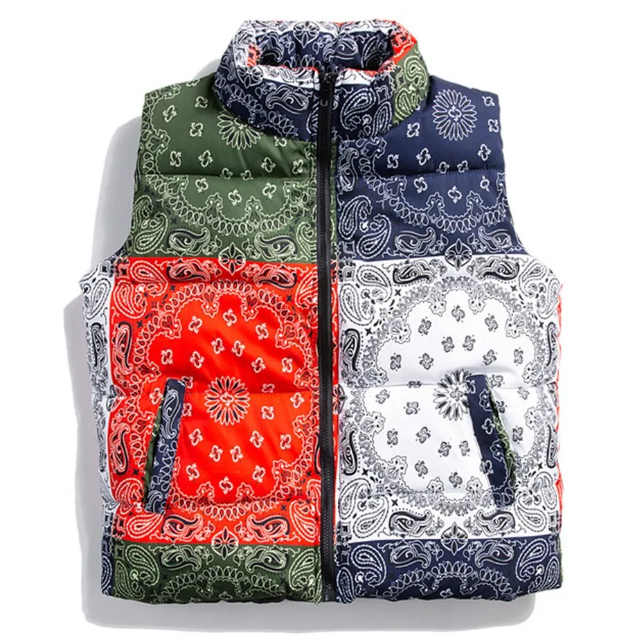 Winter Padded Vest Paisley Bandana Pattern Thick Warm Vests Fashion Streetwear Hip Hop Puffer Jackets Parkas Coats Men