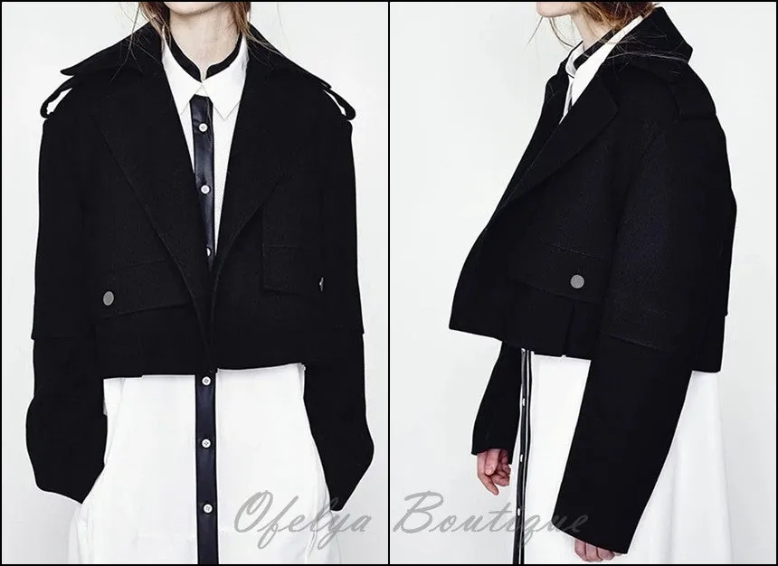 Winter Short Black Woolen Coat // Wool Long-Loose made oversized Sleeved Jacket Details