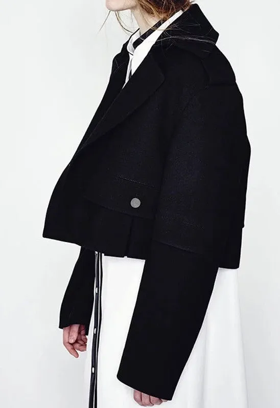 Winter Short Black Woolen Coat // Wool Long-Loose made oversized Sleeved Jacket Details