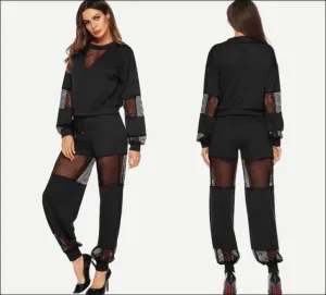 Women Black Sexy Contrast Fishnet Top With Pants /Set 2pcs Plus Size XXXL