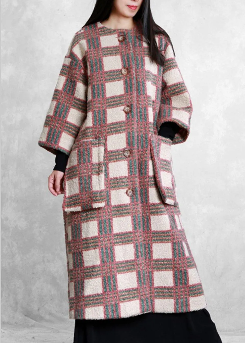 women casual trench coat coat nude plaid pockets Button wool coat for woman