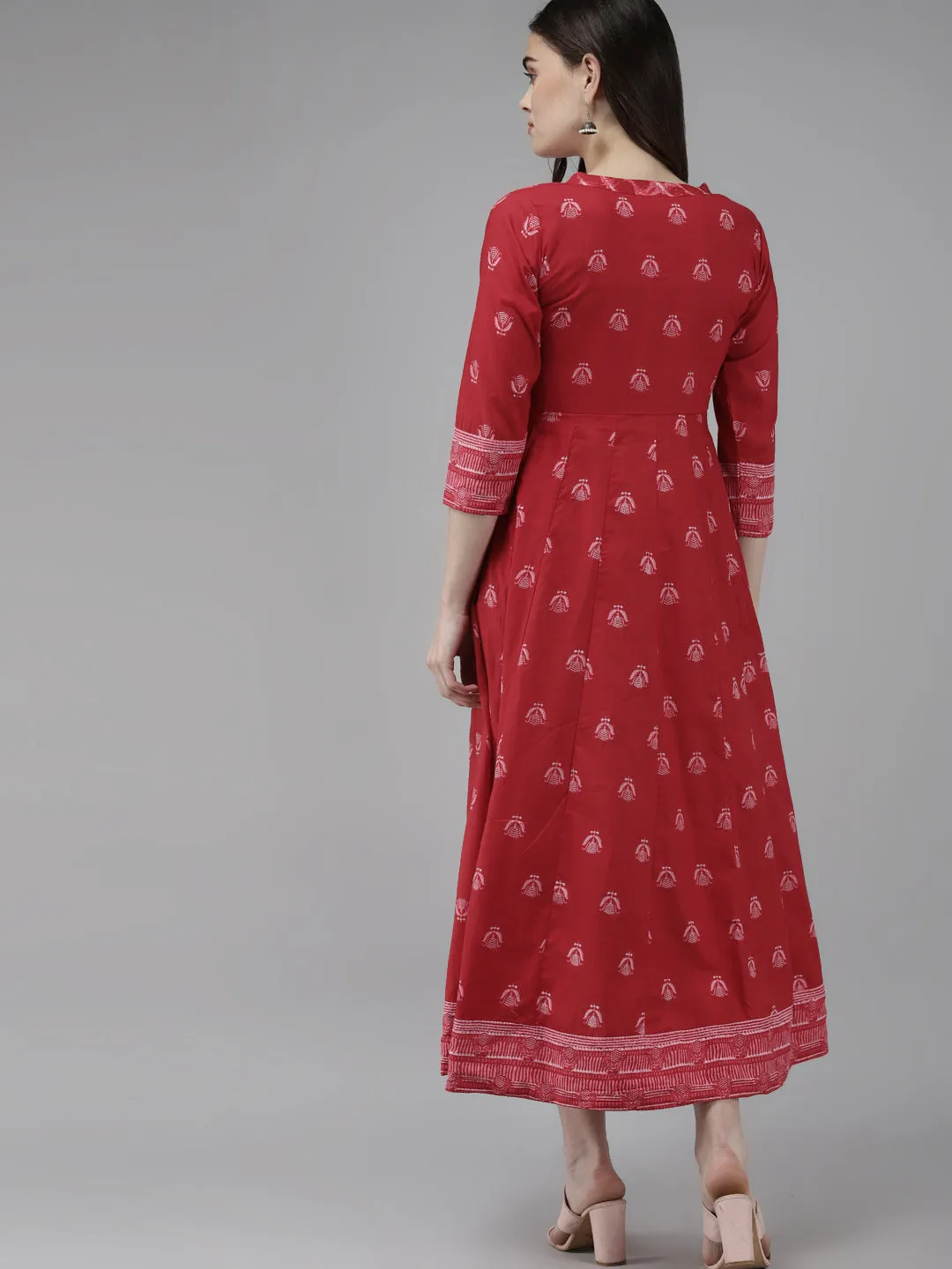 Women Red & Off White Pure Cotton Ethnic Motifs Ethnic Midi Dress