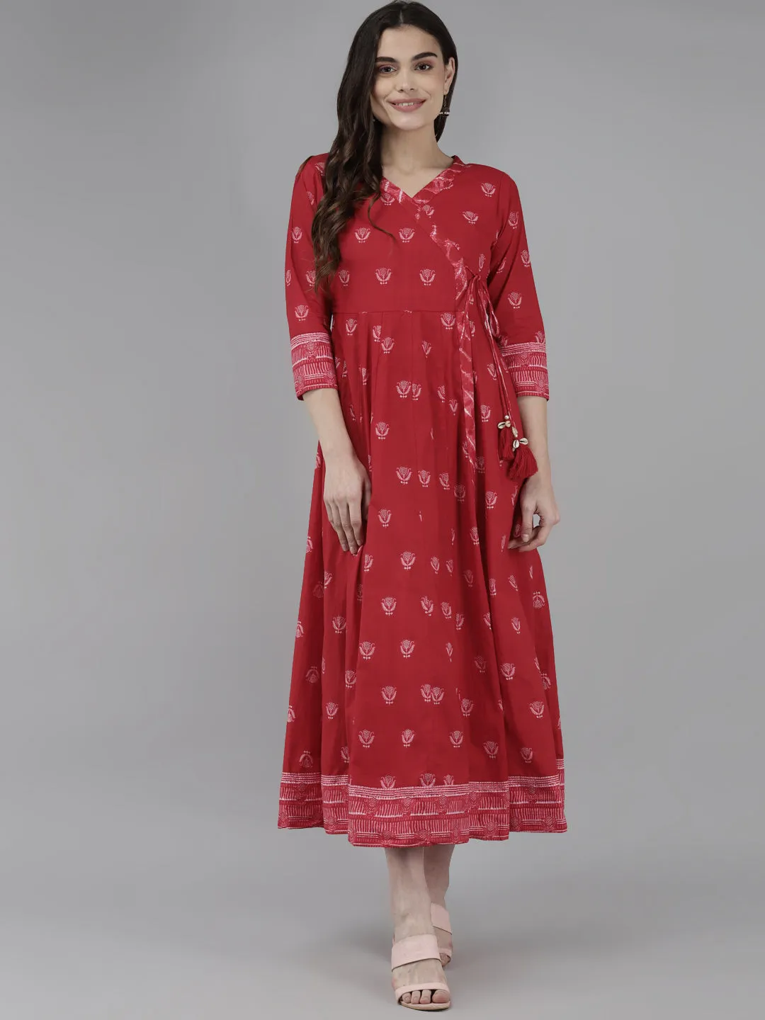 Women Red & Off White Pure Cotton Ethnic Motifs Ethnic Midi Dress