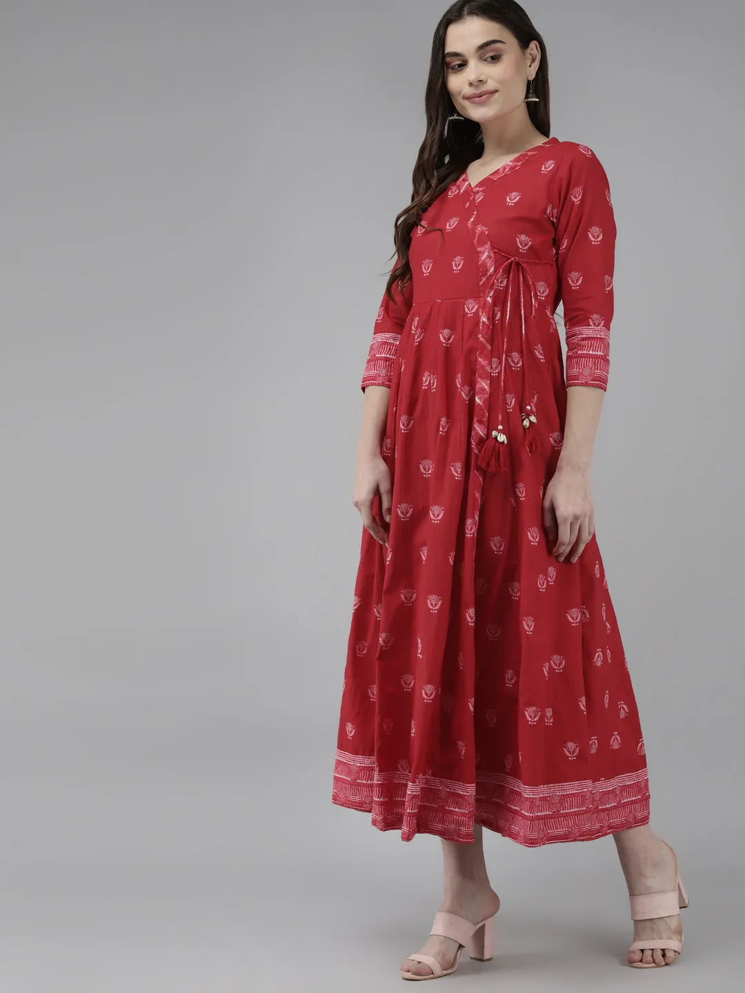 Women Red & Off White Pure Cotton Ethnic Motifs Ethnic Midi Dress