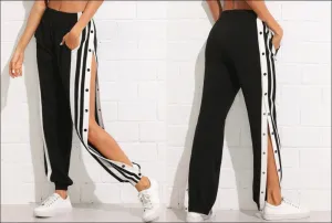 Women Snap Button Striped Side Pants Jogger Track