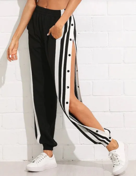 Women Snap Button Striped Side Pants Jogger Track