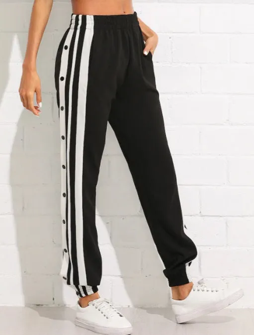 Women Snap Button Striped Side Pants Jogger Track