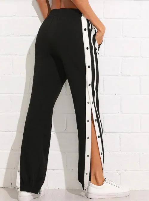 Women Snap Button Striped Side Pants Jogger Track