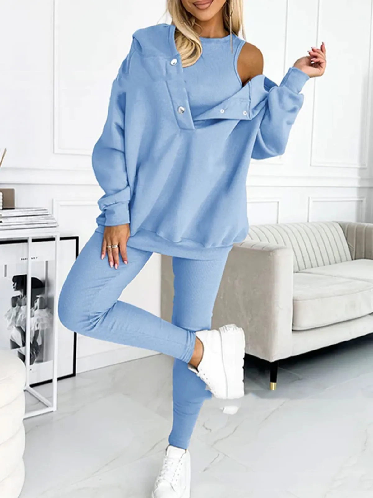 Women's 3pcs Sweatsuit, Hoodie with Pockets Sweatshirt And Tank style Tee with Slim fit Pants