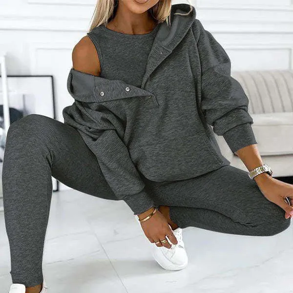 Women's 3pcs Sweatsuit, Hoodie with Pockets Sweatshirt And Tank style Tee with Slim fit Pants