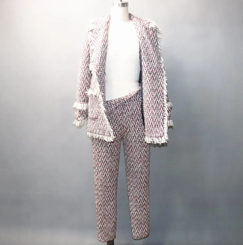 Women's Designer Inspired CUSTOM MADE Tassel Tweed Jacket Coat Blazer Trousers