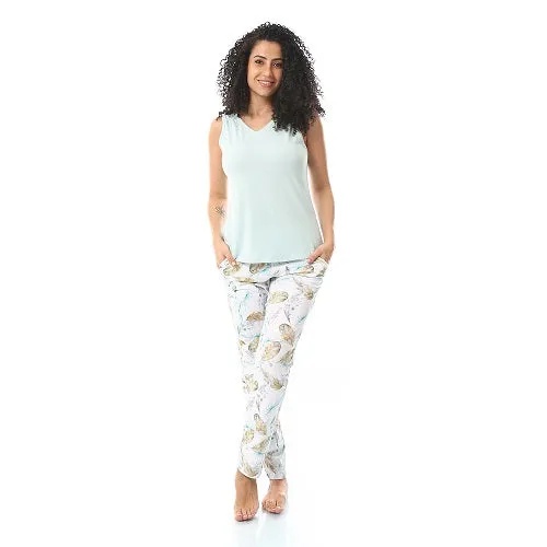 Women's Tight Summer Pajamas with Trousers & Tank Top - Mint