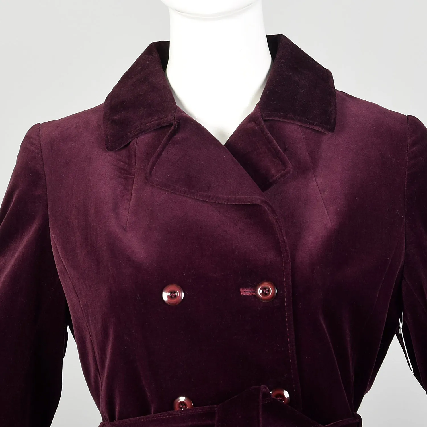 XS 1970s Coat Burgundy Plum Velvet Double Breasted Winter Belted Trench Coat