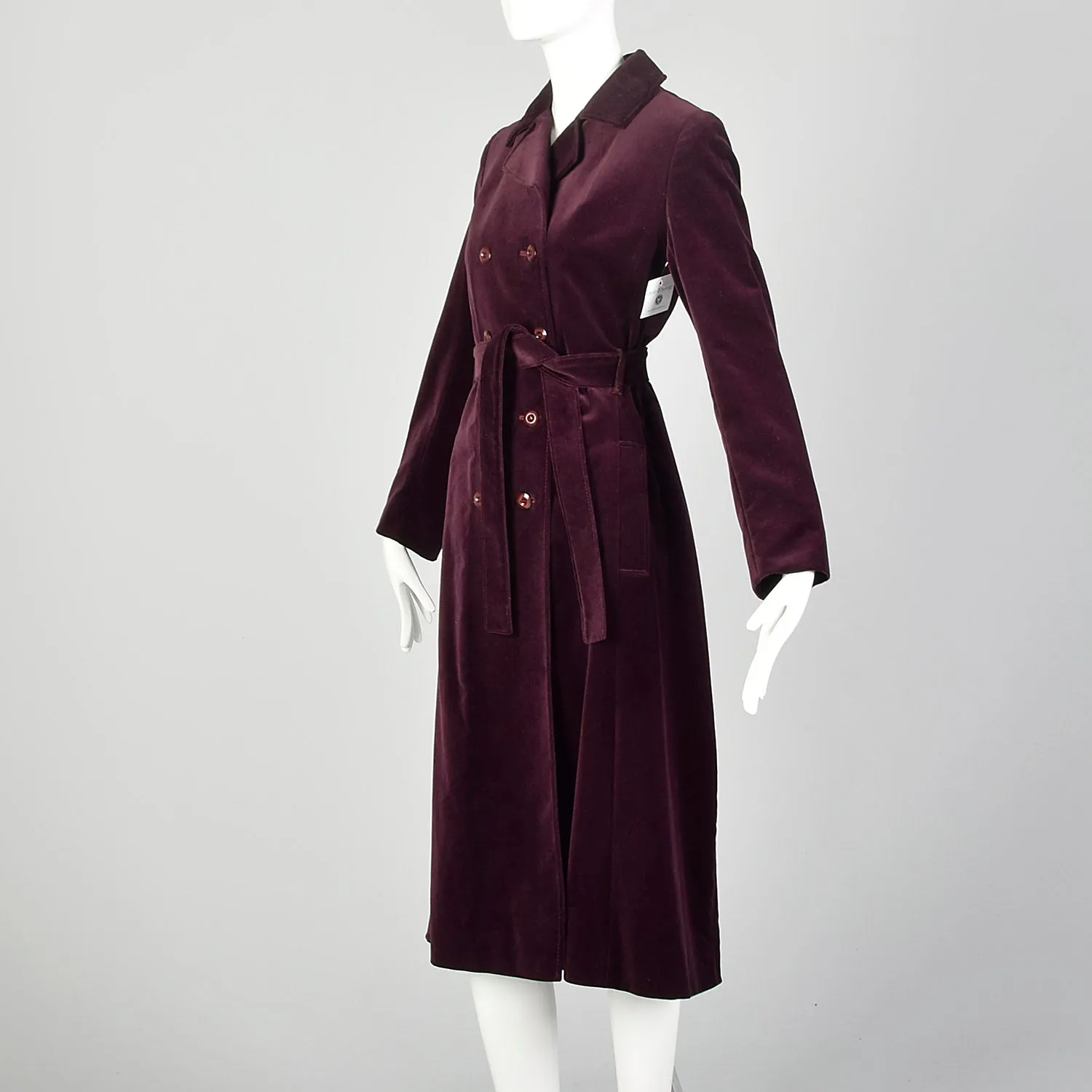 XS 1970s Coat Burgundy Plum Velvet Double Breasted Winter Belted Trench Coat