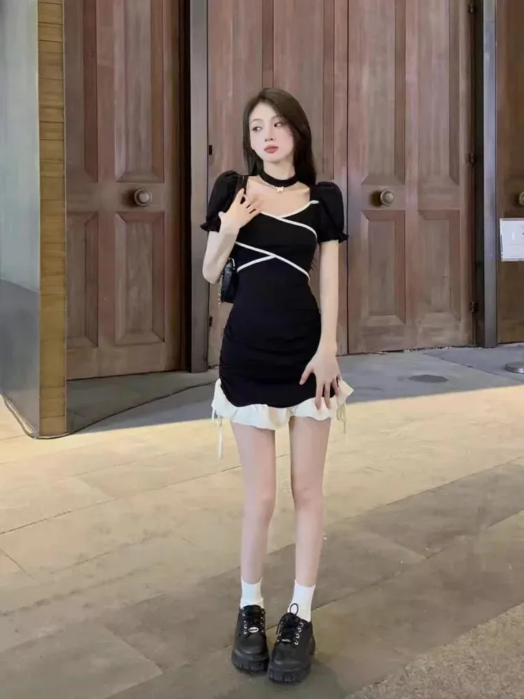 Y2k Bandage Sexy Bodycon Black Dress Women Korean Wrap Puff Sleeve Mini Short Dresses Party Ruffles Backless Fashion