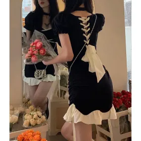 Y2k Bandage Sexy Bodycon Black Dress Women Korean Wrap Puff Sleeve Mini Short Dresses Party Ruffles Backless Fashion