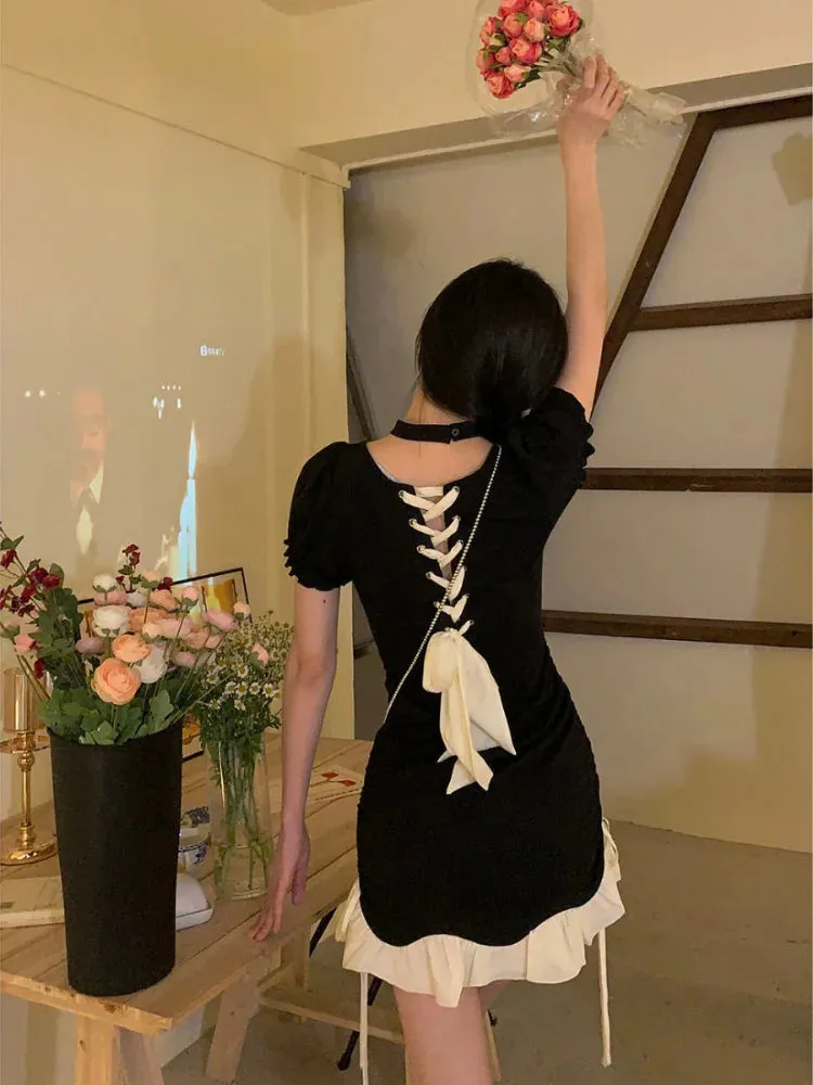 Y2k Bandage Sexy Bodycon Black Dress Women Korean Wrap Puff Sleeve Mini Short Dresses Party Ruffles Backless Fashion