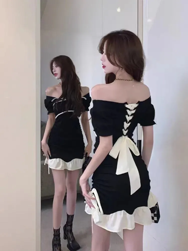 Y2k Bandage Sexy Bodycon Black Dress Women Korean Wrap Puff Sleeve Mini Short Dresses Party Ruffles Backless Fashion