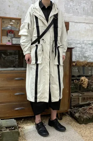 Yoji Yamamoto Dark Long Windbreaker Jacket / Over the Knee Hooed Big Pocket Loose Trench